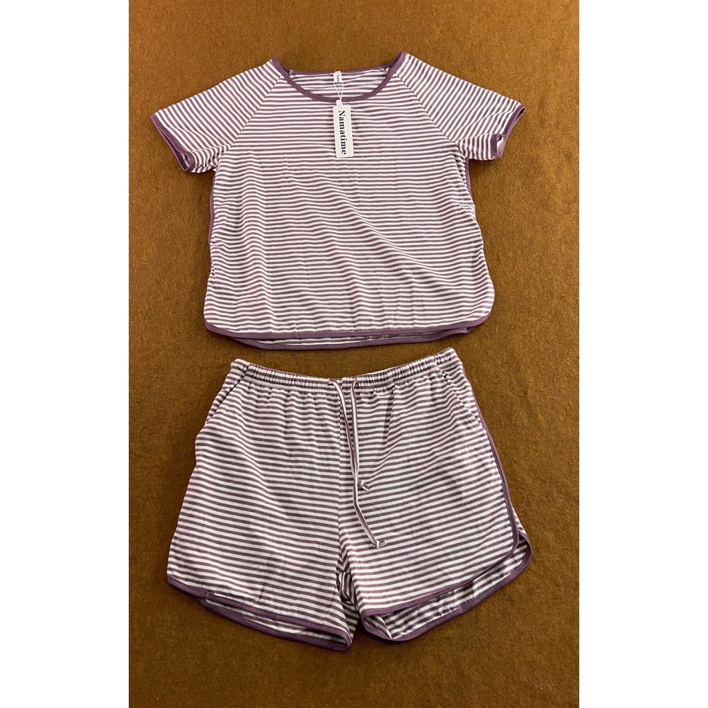 Namatime Womens Large Purple Striped Cotton Blend Short Sleeve Pajama Set NWT